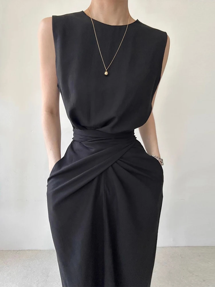 Korejpaa Korean Fashion Summer Dress Elegant Round Neck Twisted Tie Design Waist Slimming Vest Dresses Women Clothes Vestido