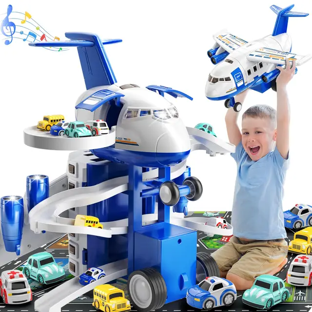 Children's 2-in-1 Transforming Aircraft Track Toy Car with Storage Garage Parking Game Set Includes 14 Road Signs 4 City Engines 1