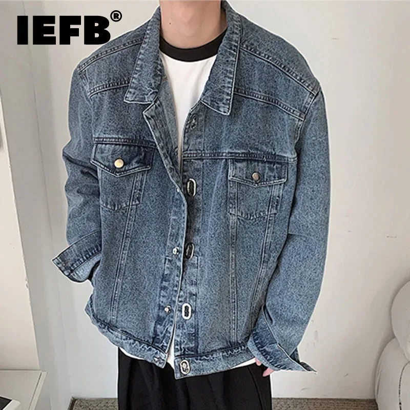 

Мужская джинсовая куртка IEFB, стильная Лоскутная однотонная мешковатая куртка с отложным воротником, пуговицами и карманами, весна, новинка 9C4870