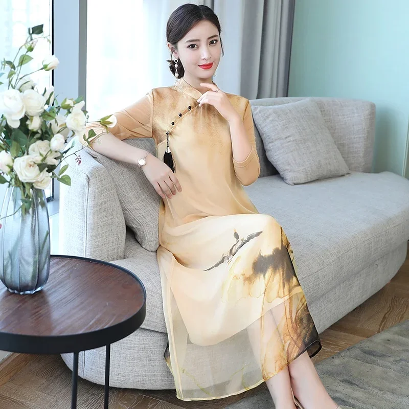 

Chinese New Style Cheongsam Improved Floral Dress Retro National Women Qipao Dress Loose Vintage Oriental Ao Dai Dress 10583