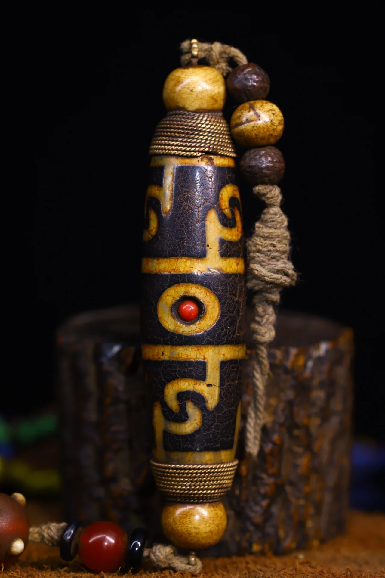 

4"Tibetan Temple Collection Old Natural Agate mosaic gem Dzi Beads nine eyeballs Amulet pendant Town house Exorcism