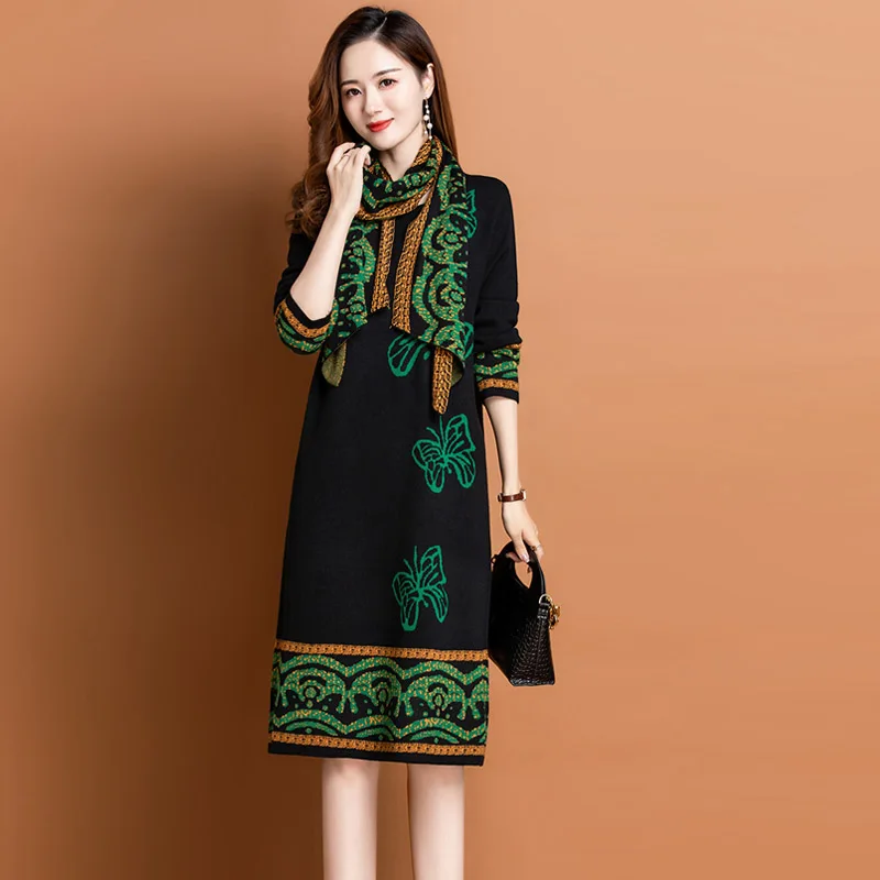 

Knitted Dresses Autumn Winter Sweaer Dresses Women Medium Long Scarf Collar Knitted Dresses dis5