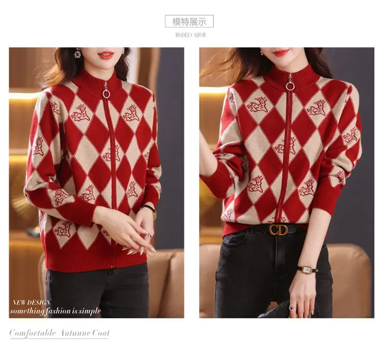 Women's Korean Vintage Plaid Sweaters Cardigan Autumn Winter Casual All-match Stand Collar Zipper Knitted Tops Female Clothing