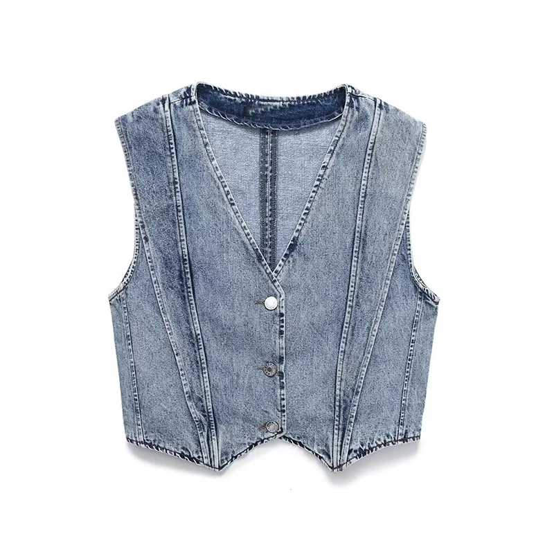 

2023 Women Single Breasted Sleeveless V Neck Denim Vest Coat