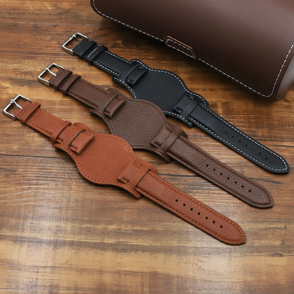 

Genuine Leather Watch Strap 18mm 20mm 22mm Watchband With Mat Bund Strap Black Brown Coffee Leather Bracelet Wristwatch Band