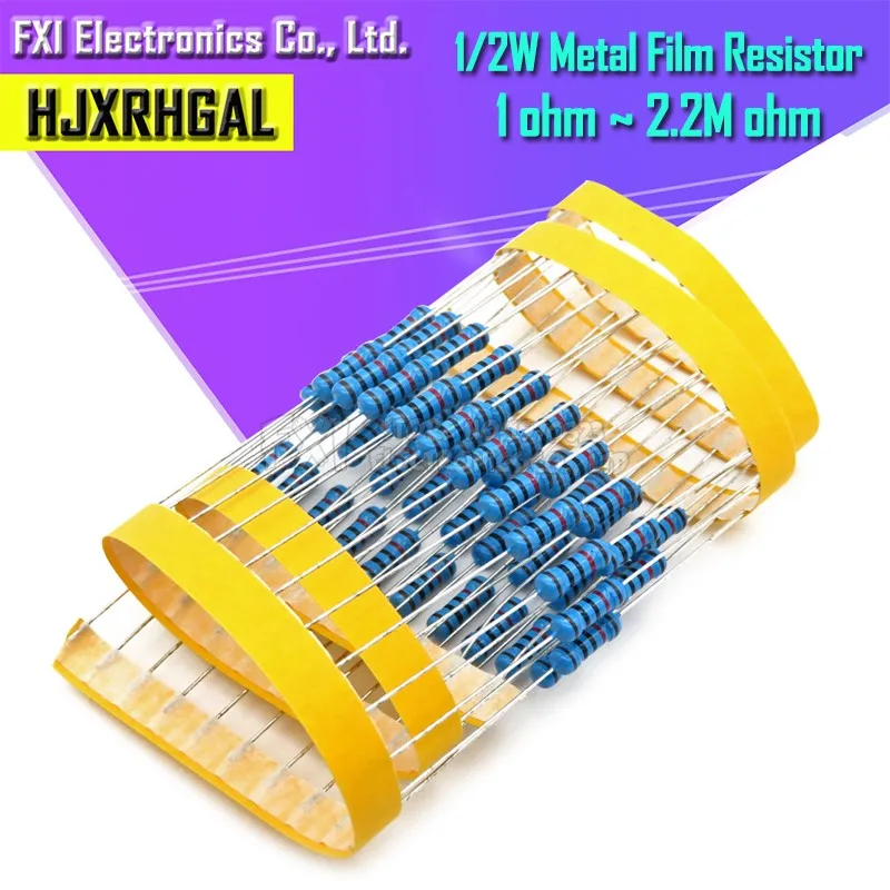 50pcs 1/2W Metal film resistor 1% 1R ~ 1M 1 2 10 22 47 100 330 ohm 1K 4.7K 10K 22K 47K 100K 330K 470K 2R 10R 22R 47R 100R 330R