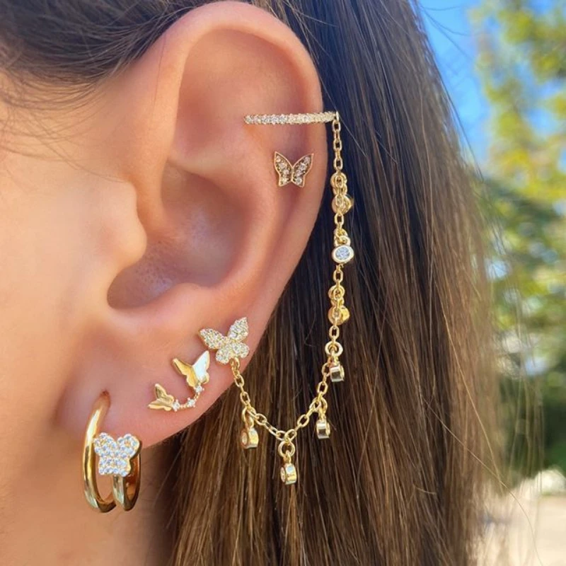 Women's Butterfly Stud Earrings Fashion Hollow Chain Set Ear Clip Jewelry
