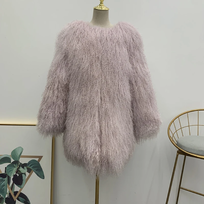 New product Women real mongolian sheep fur coat natural medium long ...