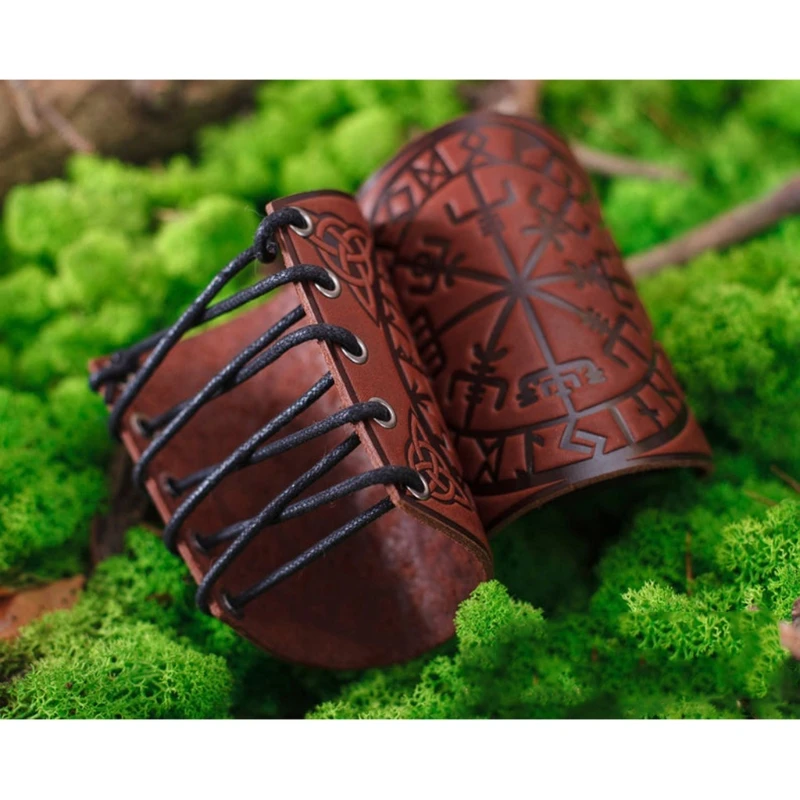 1 Pair Nordic Viking Vegvisir Embossed Arm Bracers Medieval PU Leather Arm Guards Viking Leather Bracers Cosplay Jewelry