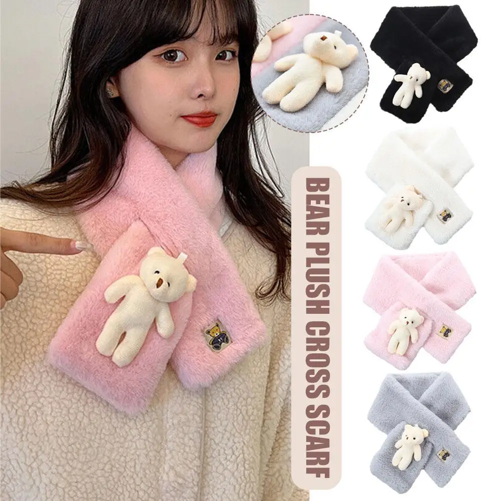 

Cute Cartoon Bear Plush Scarf Children Kids Cross Collar Scarf Imitation Rabbit Fur Winter Warm Thicken Girls Kawaii Scarfs