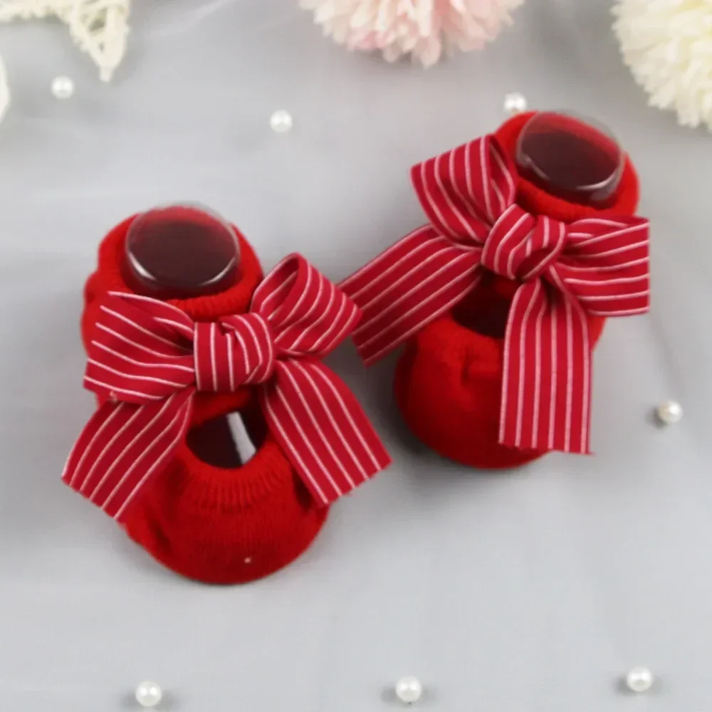 Spring Autumn Red Newborn Indoor Cotton Socks Bow Infant Anti Slip Socks Baby Girl Socks Rubber Soles Baby Girl Floor Sock