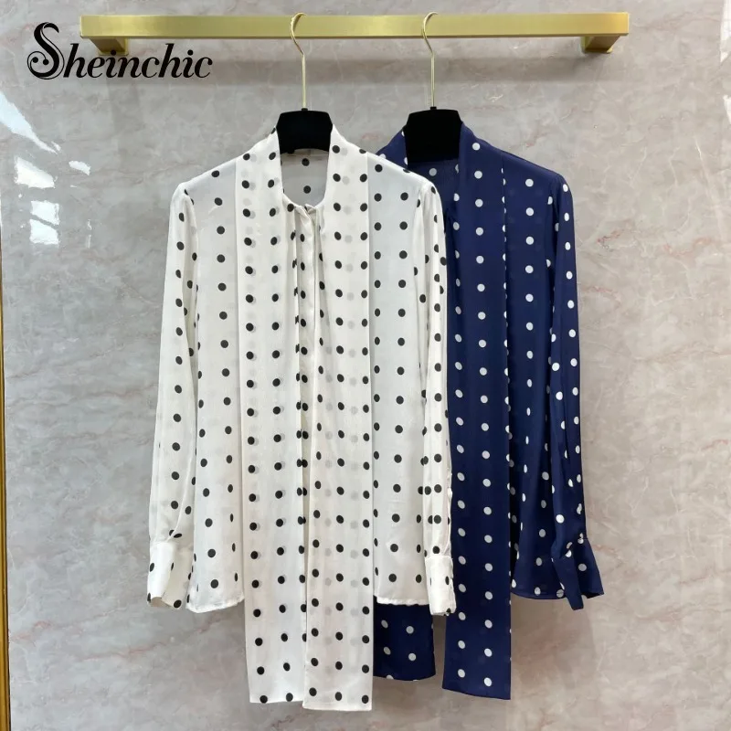 

Vintage Polka Dot Blusa Mujer Moda 2023 Korean Fashion Elegant Bow Long Sleeve White Chiffon Shirts & Blouses Autumn Outfits