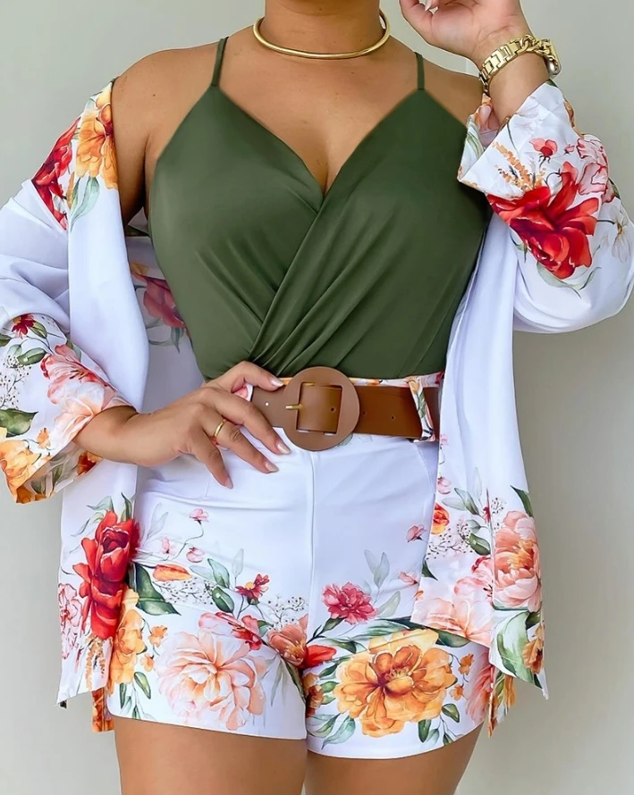 Women Fashion Suits 2024 Spring/summer Latest Casual Commuting Open Front Floral Print Long Sleevetop&daily Vacation Shorts Set