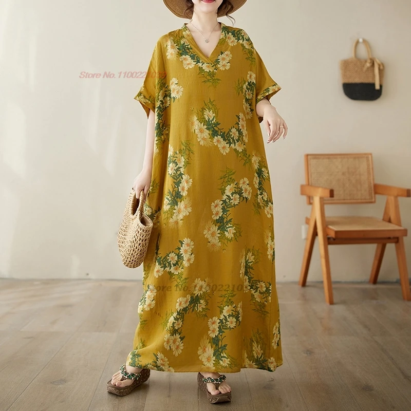 

2024 chinese vintage dress national flower print v-neck hanfu dress oriental streetwear traditional loose beach bohemian dress