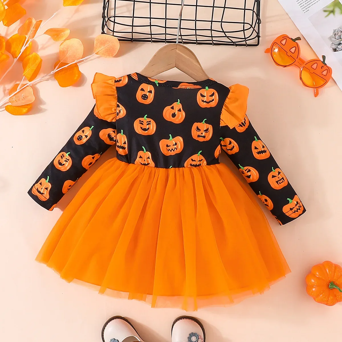 Spring and autumn fashion sweet girl Halloween pumpkin long sleeve gauze skirt simple foreign style dress