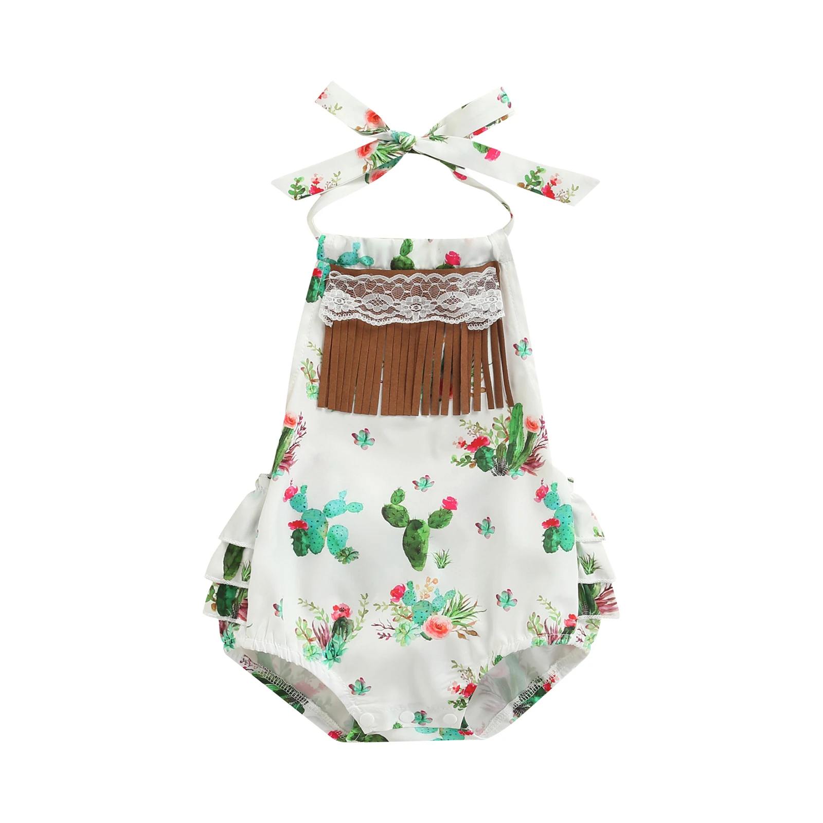 Baby Infant Girls Romper, Halter Front Tassel Cactus Printed Sleeveless
