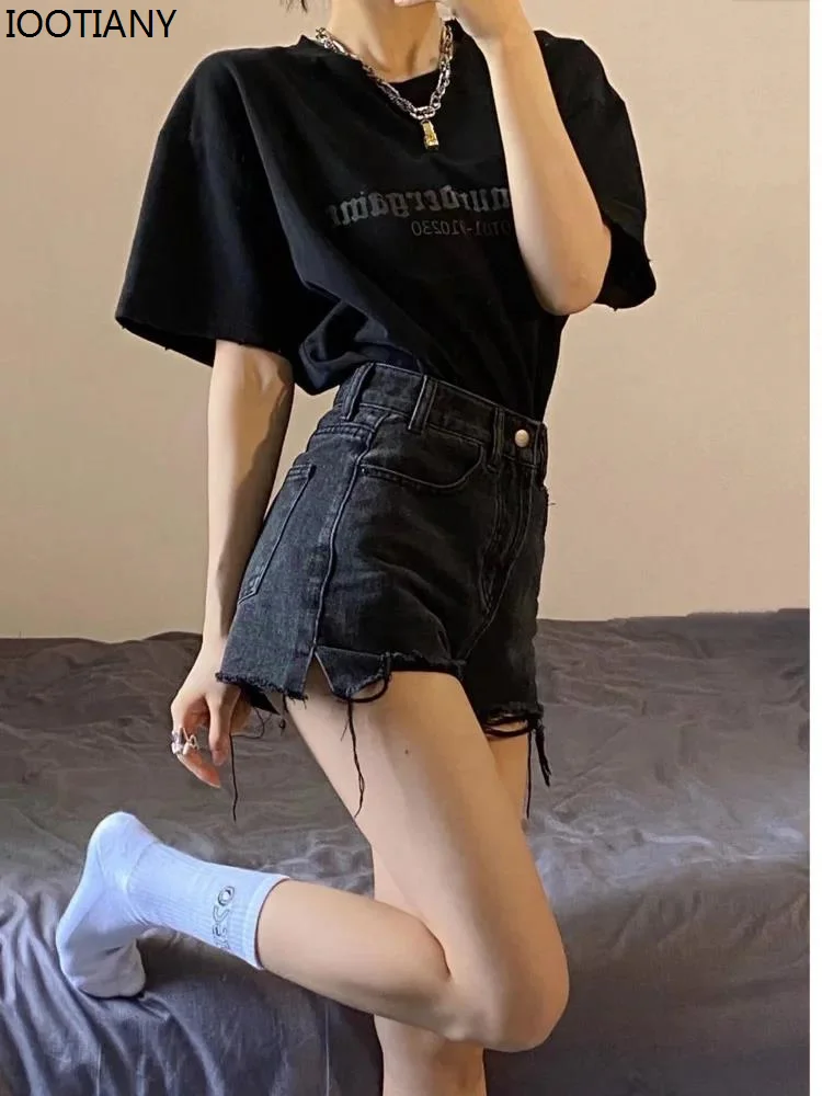 

2024 Women's Summer Thin Retro Slit A-line Pants Smoky Gray Denim Shorts High Waist Sweet Hot Pants