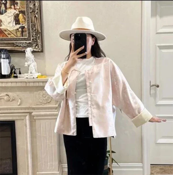 Sports Jacket New Chinese jacquard short jacket female spring and fall national style improved Tang loose pink blouse