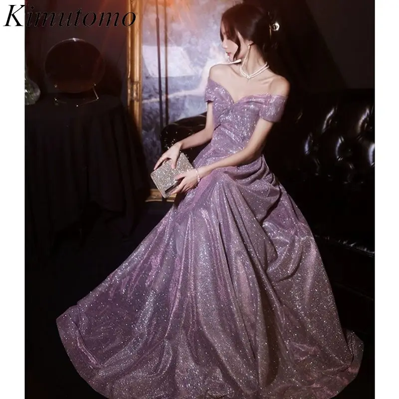 

Kimutomo Bow Boat Neck Evening Dresses Elegant Solid Purple Maxi Shiny Dress Fairy Wind Sweet Party Dresses Women Evening