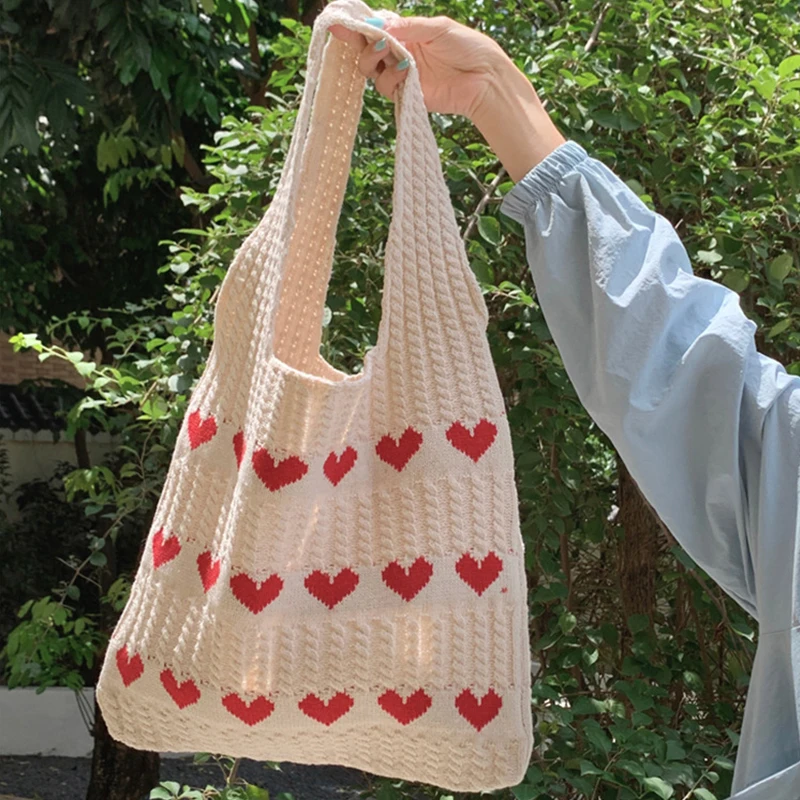 Fashion Heart Shape Pattern Knit Tote Bag Retro Women's Handbag Large Capacity Female Woven Shopper Purse Travel Bag