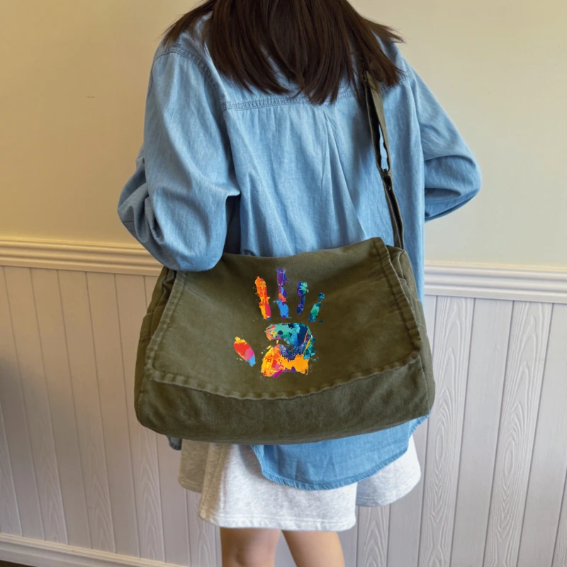 Artistic Women's Shoulder Bag Canvas Messenger Bag Colorful Handprint Large Capacity for Travel Crossbody Bag