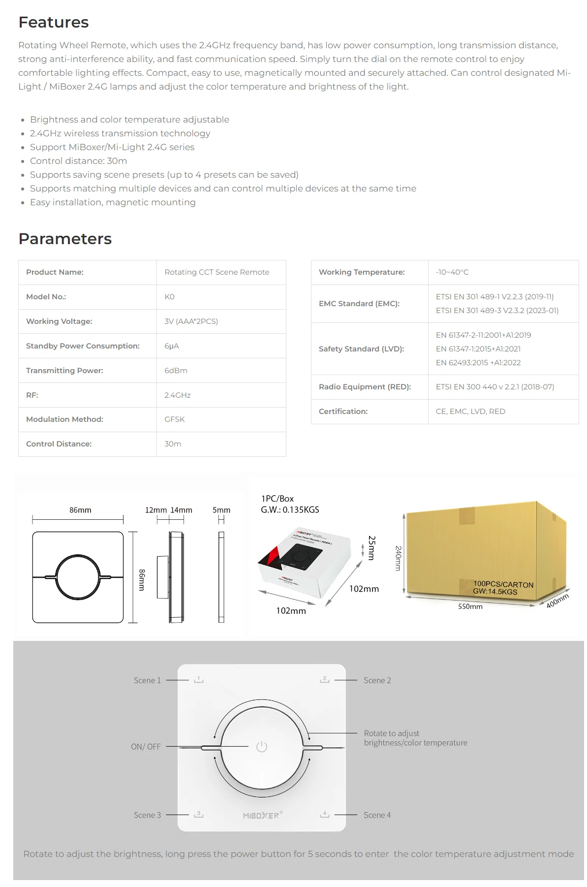 Description Picture 6 of itemMiboxer K0 Rotating CCT Scene Remote Color Temperature Adjust And Brightness Dimming Magnetic LED Controller