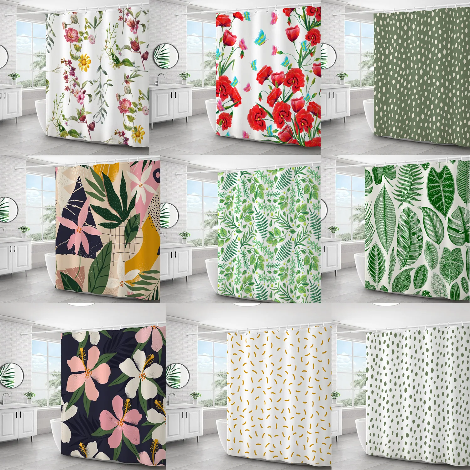

Tropical Rainforest Print Shower Curtain with Hooks Bathroom Set Simplicity Flower Pattern Waterproof Bath Curtain and Anti-mold
