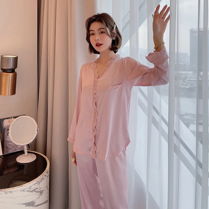 

Women's Spring Summer Simulation Silk Pajamas Fashion Solid Long Sleeve Cardigan Pant Two Piece Set Sexy Lace Home Clothing