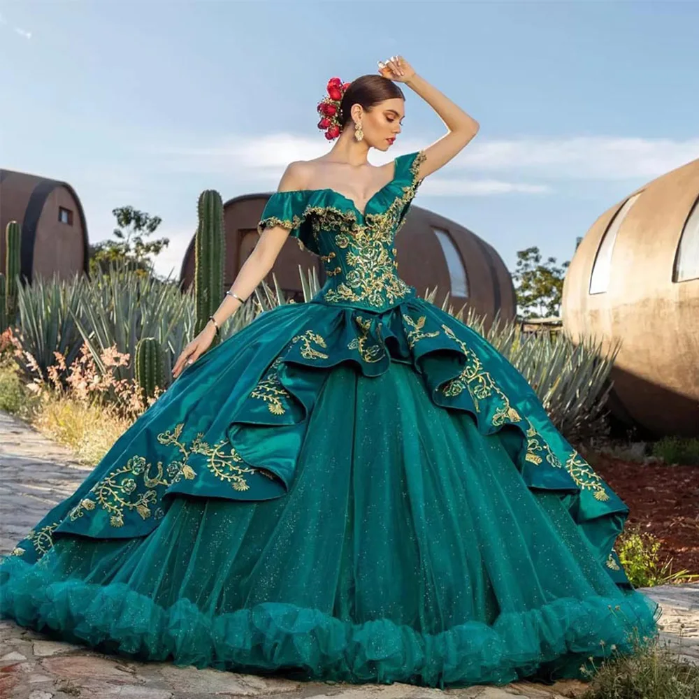 

Green Mexican Quinceanera Dress 2023 V Neck Beaded Applique Vestidos XV Años Sweet 16 Dress Robe De Soirée Girls Birthday Wear