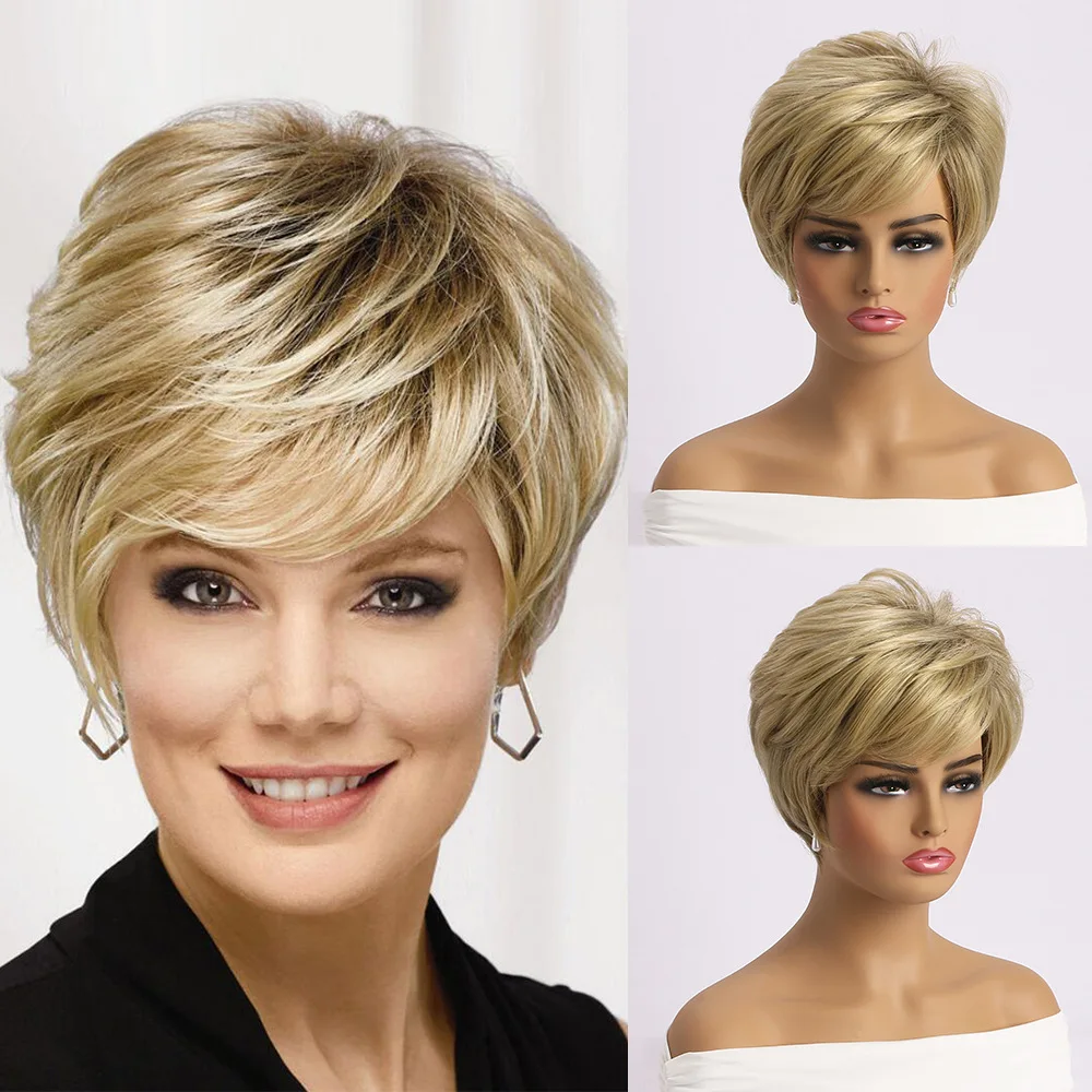 Short Pixie Cut Hair Blonde Straight Wig Natural Synthetic For Women Daily Party Cosplay Use Heat Resistant Head Cover