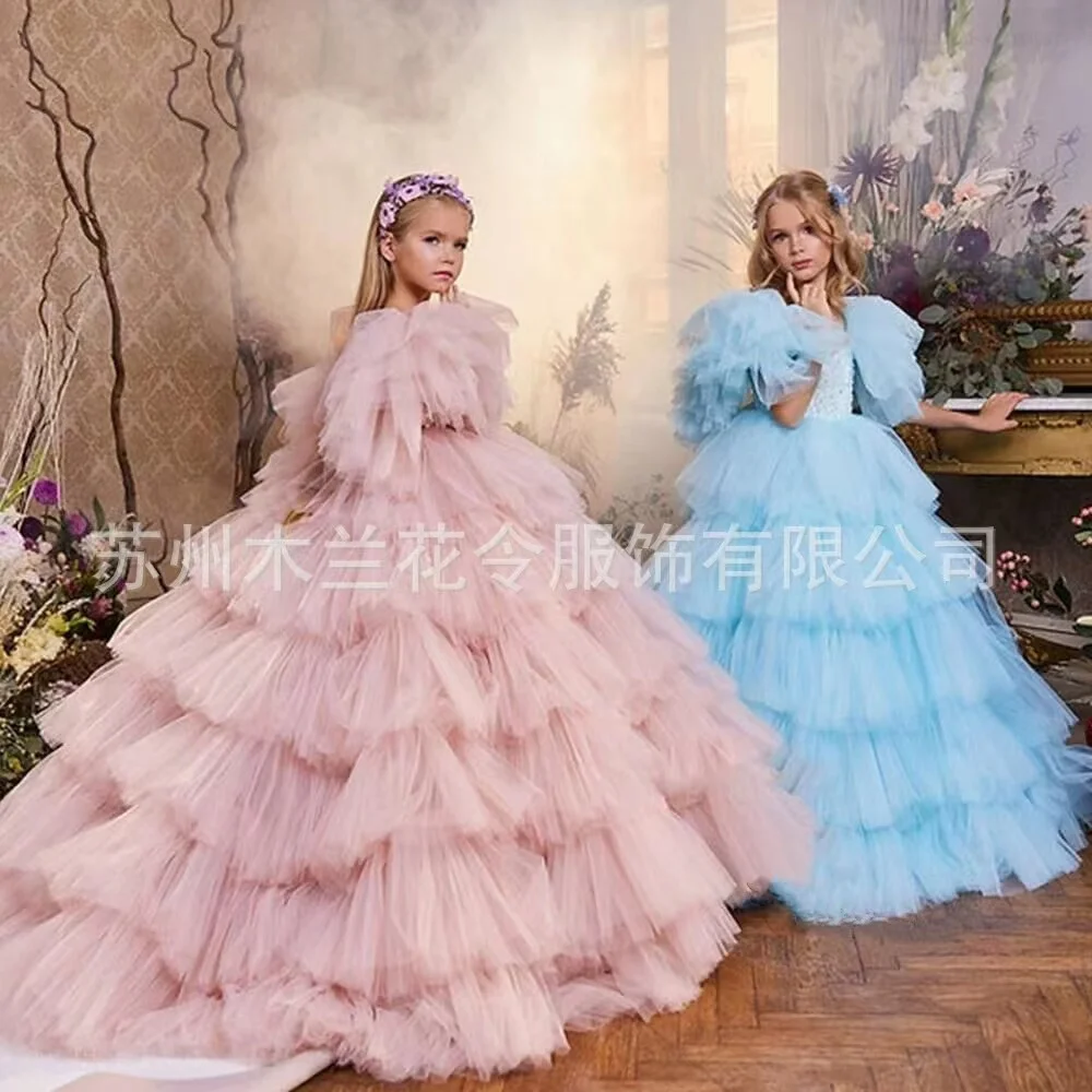 

First Communion Dresses Puffy Tulle Lace Bow Girl 2-13 Custom Made Ball Gown Flower Girl Dress Princess Wedding Party