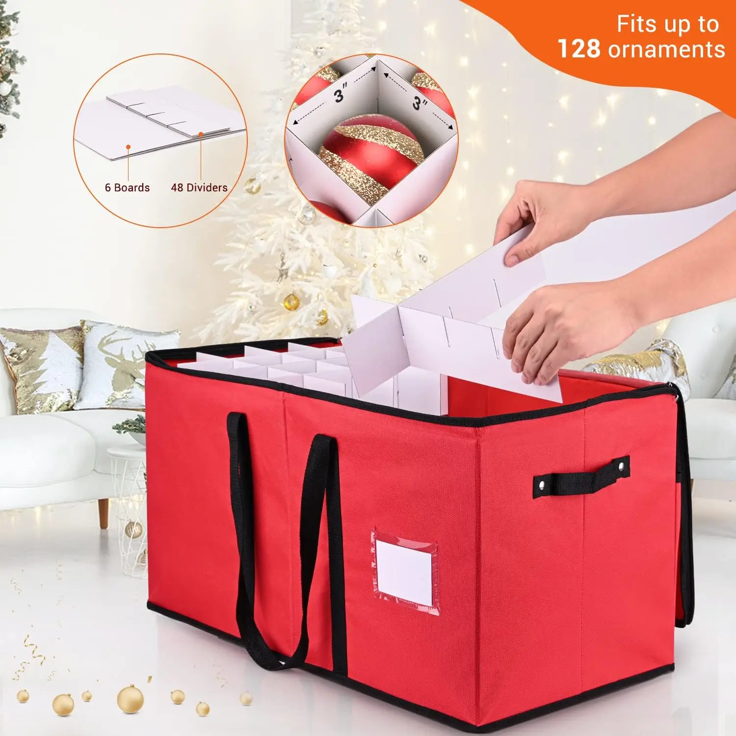Christmas Ornament Storage Box, Xmas Decoration Organizer with Adjustable Dividers - Storage Container Keeps