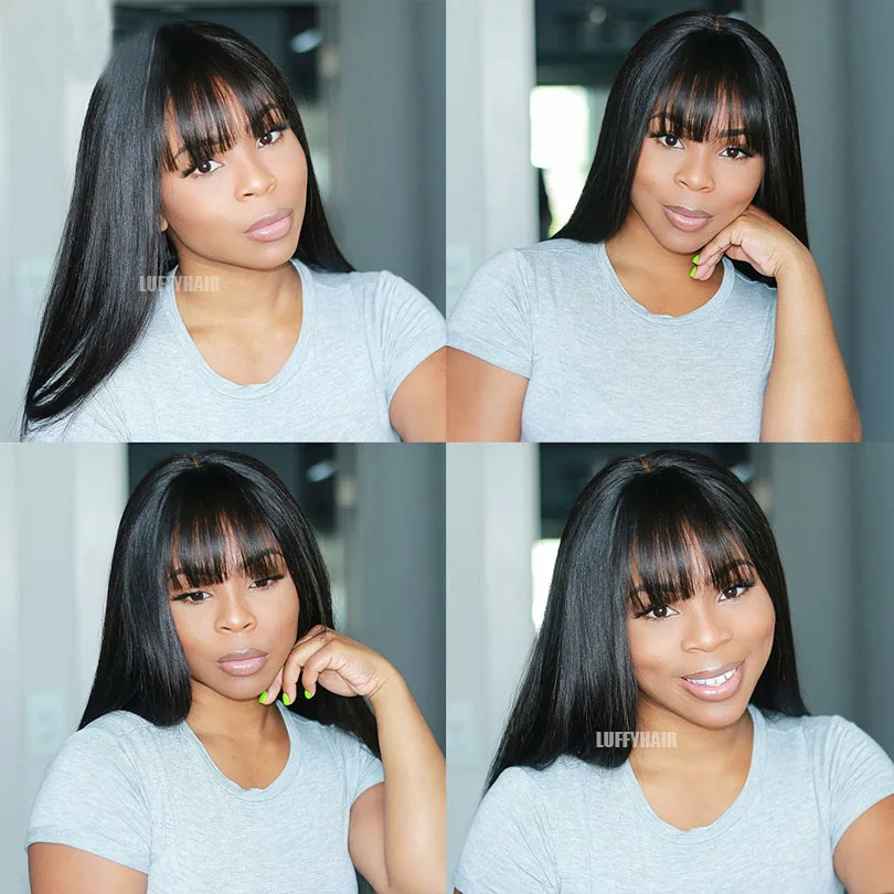 Straight Human Hair Wigs with Bangs 180% Density Full Lace Wigs with Bangs Brazilian Human Hair For Women