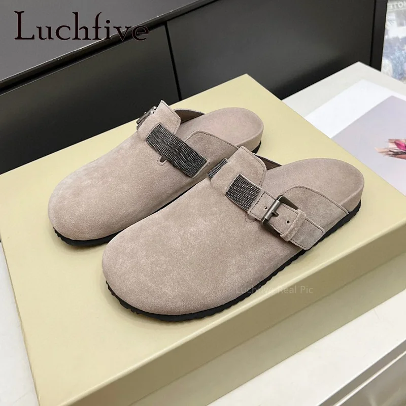 

2024 Summer New Brand Ladies Flats Slippers Thick Sole Covered Toe Slippers Popular Casual Suede Leather Mules Mujer