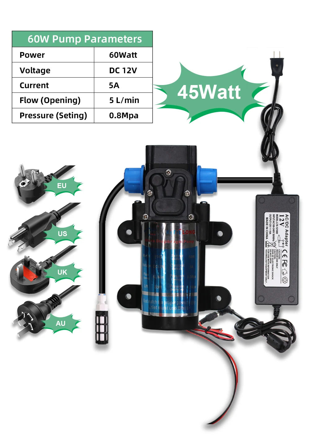 5-30M Water Pump Garden Drip Irrigation Set 60W DC12V Micro Electric Diaphragm System with 110-240V Power Adjustable Sprinkler