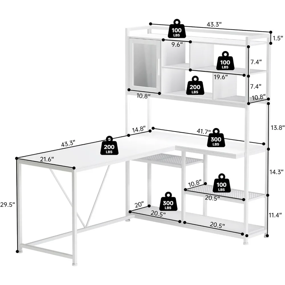 Electric Computer Desk L Shaped Computer Desk 58'' Office Desk with LED Light and Bookshelf Storage Shelves for Home Office