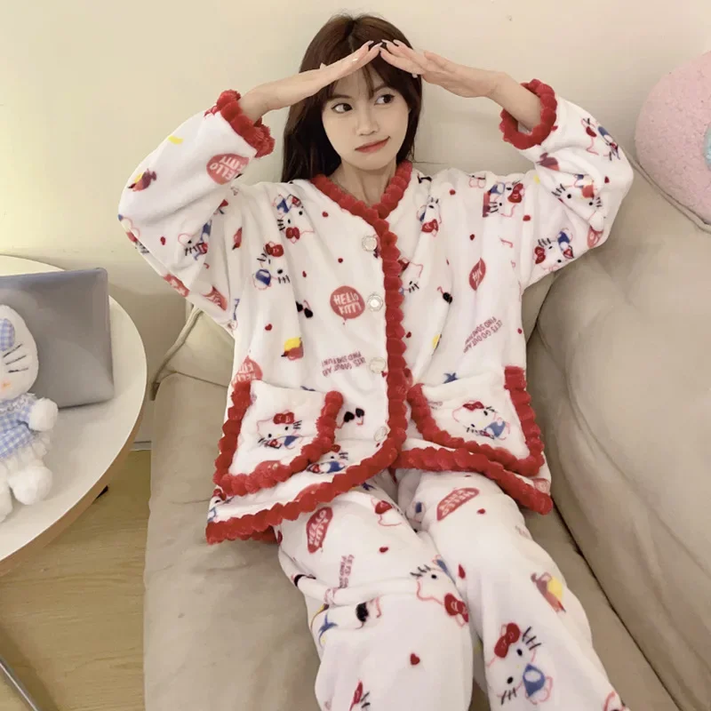 

Sanrio Kawaii HelloKitty Anime Plush Pajamas Cute Sweet Winter Warm Comfort Home Velvet Bathrobe Cardigan Set Birthday Girl Gift