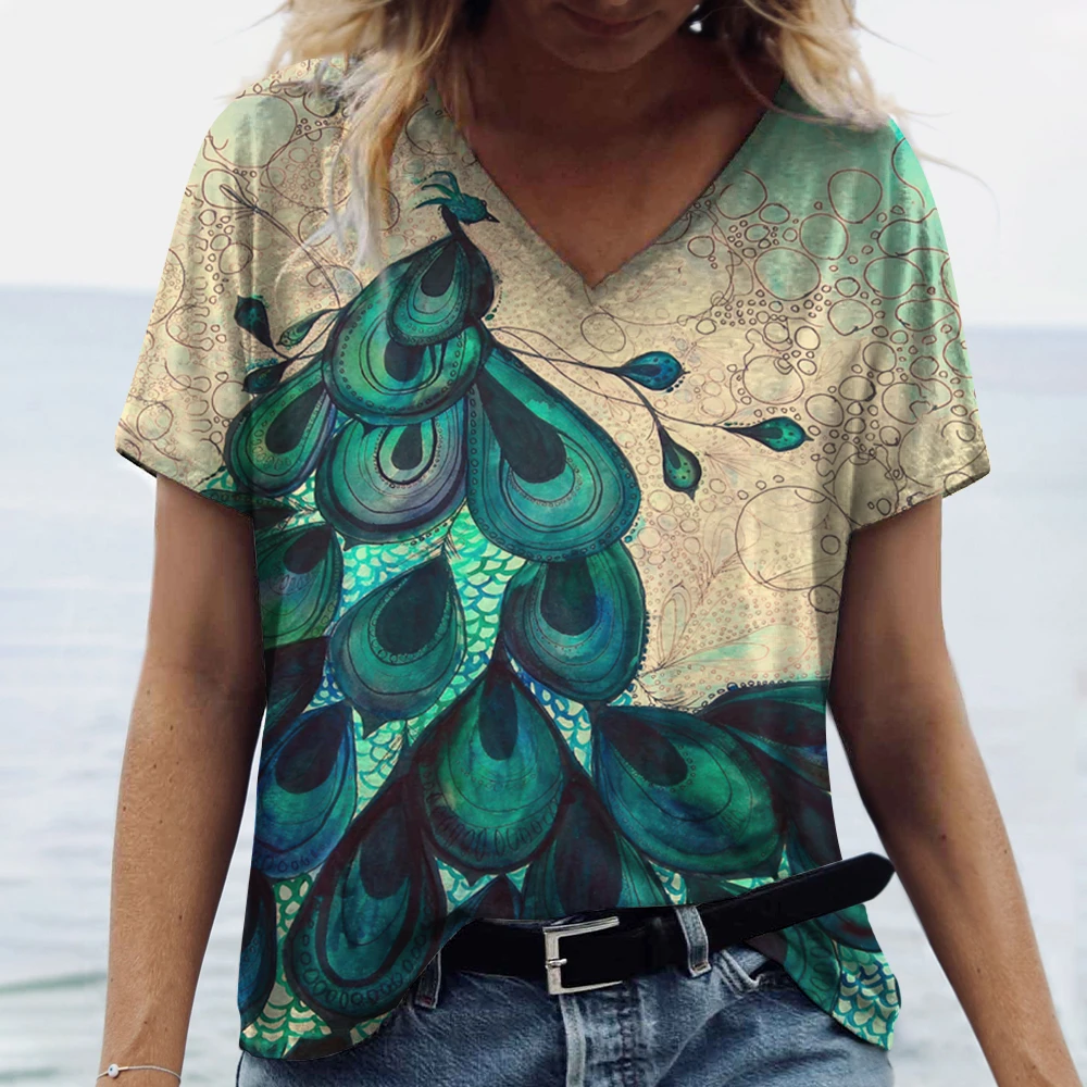 g.o.a peacock print t shirt y2k・グランジ Summer V Neck Women T-Shirts Peacock Feather Graphic Fashion