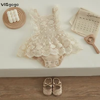 VISgogo Baby Girls Princess Romper Plain Floral Lace Embroidery Skirt Layered Adjustable Straps Snap Bottom Jumpsuit 1