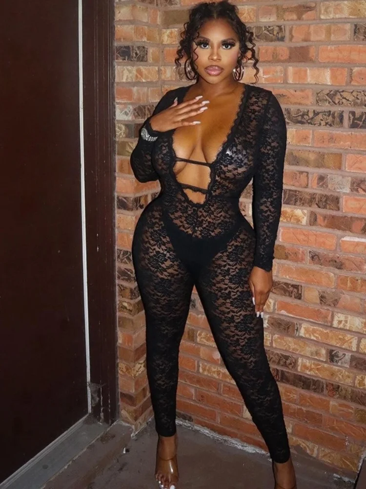 Wmstar Jumpsuit Women Wholesale Sexy Deep V Neck Lace Hollow Out Zipper Hot Girl Night Club One Piece Outfits Drop Shopping