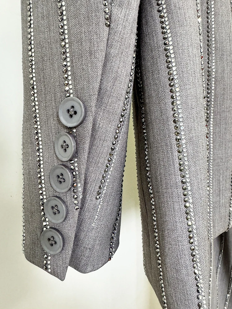 Women Pants Two Piece Sets Women Gray Rhinestone Single Button Blazer + Sparkle Striped Diamonds Pants Suits Evening Party Club 4