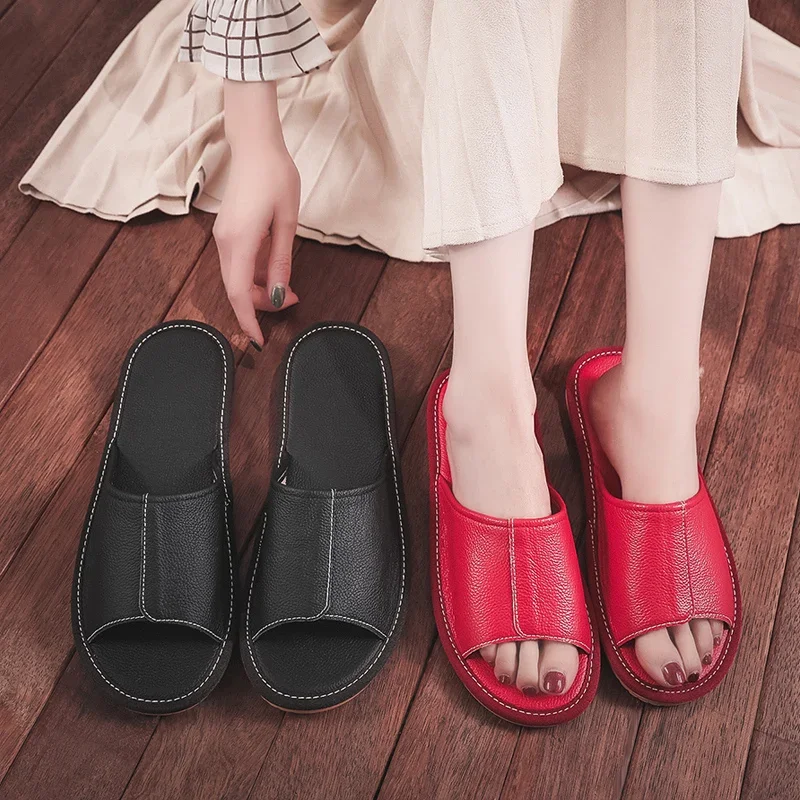 Genuine Leather Women's Summer Indoor Slippers Non-Slip Soft Couple Home Shoes Comfortable Cow Leather Men Casual Slippers