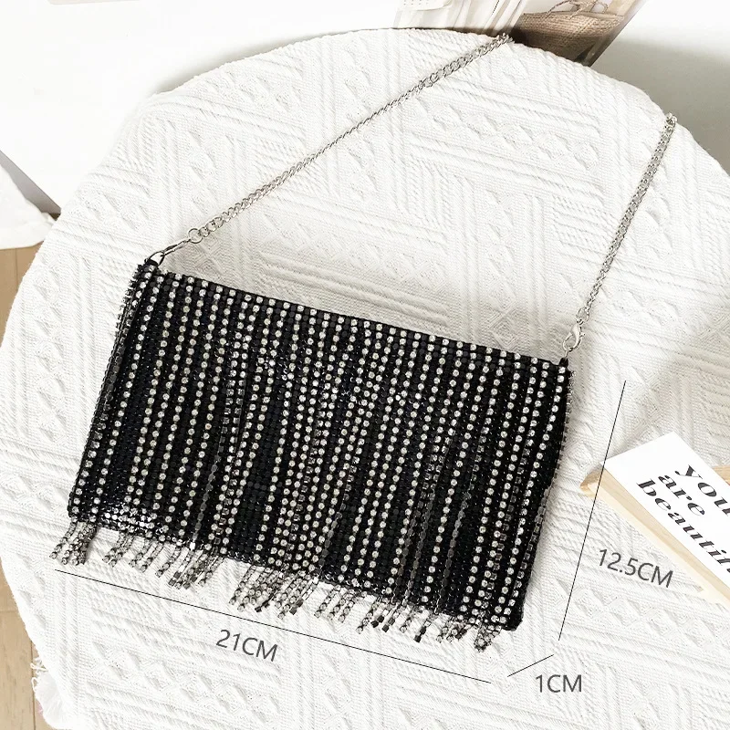 Fashion Shining Rhinestone Tassel Chain Handbags For Women Trendy Black Silver Color Square Shoulder Bags Female Daily Handbags