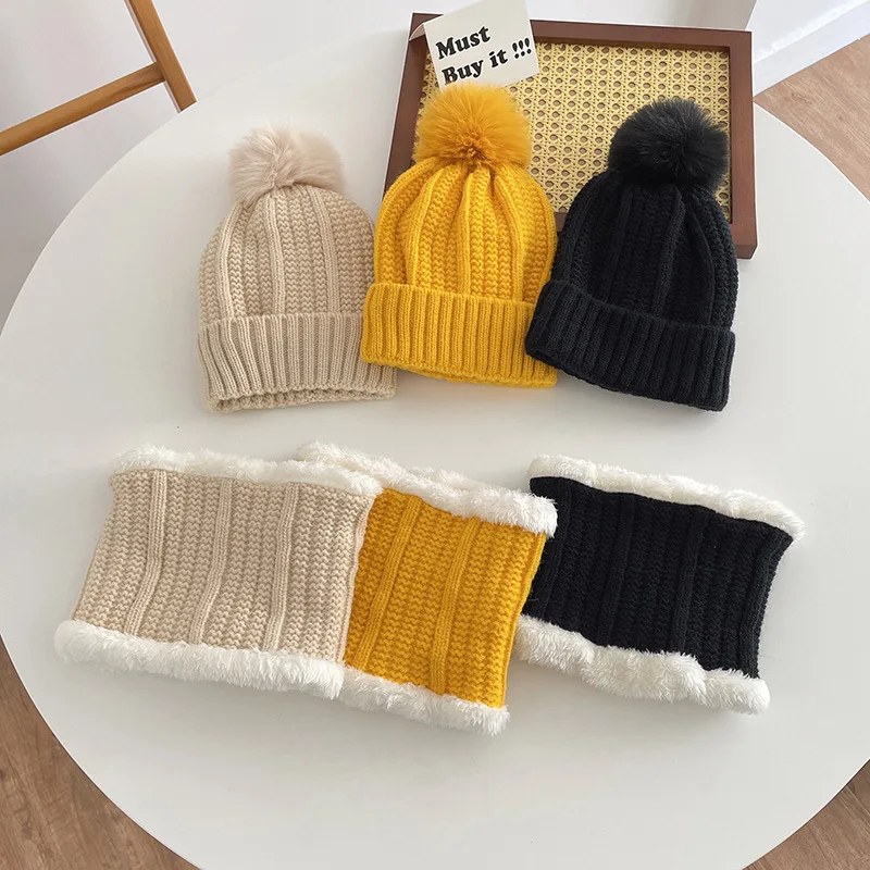

Simple Plain Children Knitting Hat Scarf Winter Velvet Kids Caps For Boy Girl