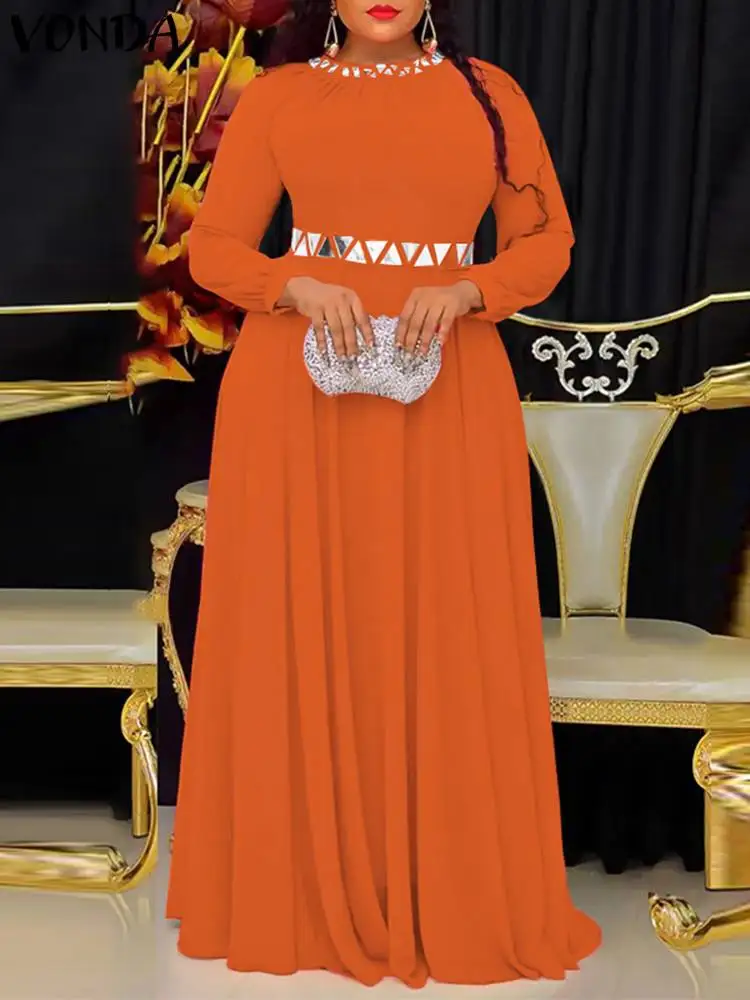 

Bohemian Women Maxi Dress VONDA 2023 Autumn Long Sleeve Vintage Printed Long Sundress Casual Loose Pleated Party Robe Femme