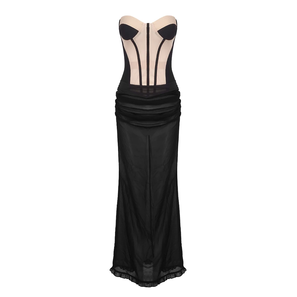 VC Women'S Dress Set Sexy Strapless Crop Top + Mermaid Maxi Skirt Suit 2 Pieces Outfit See Through Female Clothing
