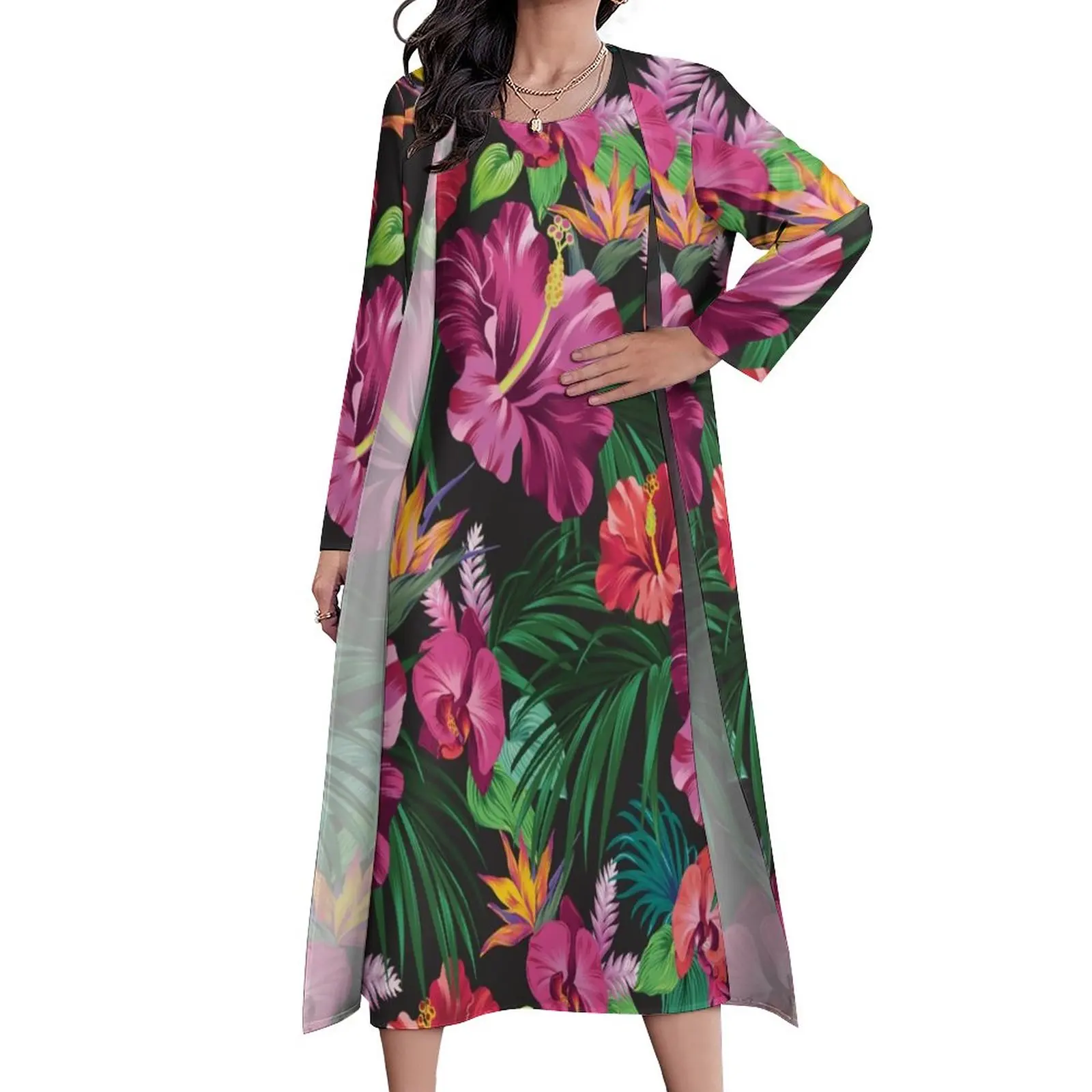 

Juicy Tropical Dress Long Sleeve Floral Leaves Print Streetwear Bohemia Long Dresses Women Beach Maxi Dress Birthday Gift