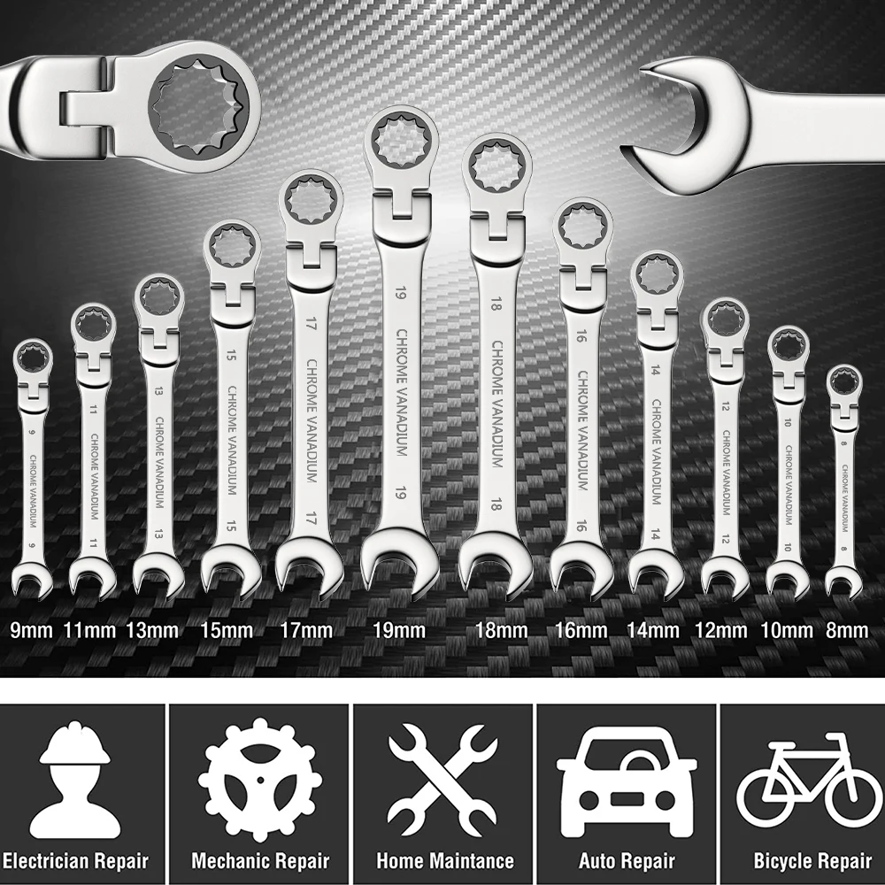 WOZOBUY Flex Head Ratcheting Wrench Set- Metric Ratchet Combination Wrenches CrV Gear Spanner Set Car Key Wrench Repair Tool Set 6