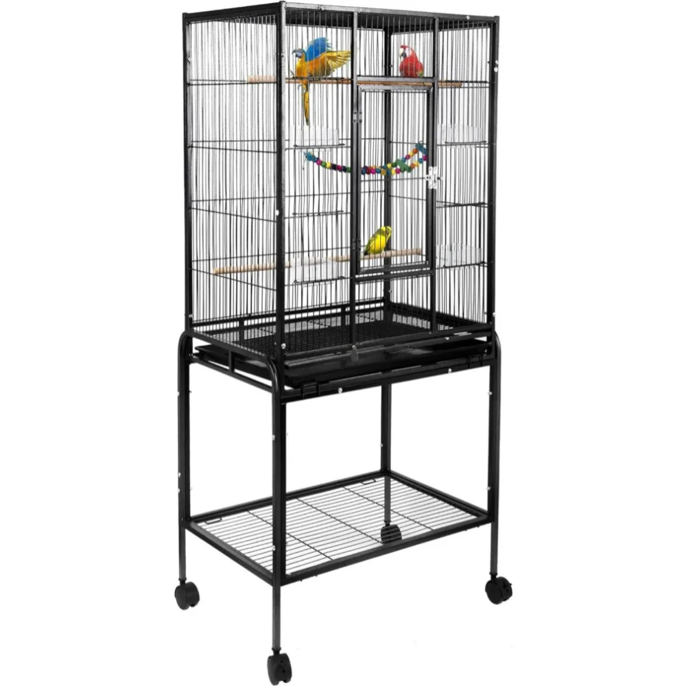 

53-inch Bird Cage with Rolling Stand & Storage Shelf, Large Wrought Iron Parrot Cage for Cockatiel, Conure, Lovebird