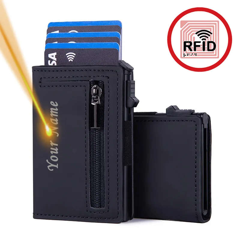 Customized Name Magnetic Credit Card Holder Rfid Blocking Pop Up Minimalist Wallet Leather Bank Cardholder Case Wallet for Men
